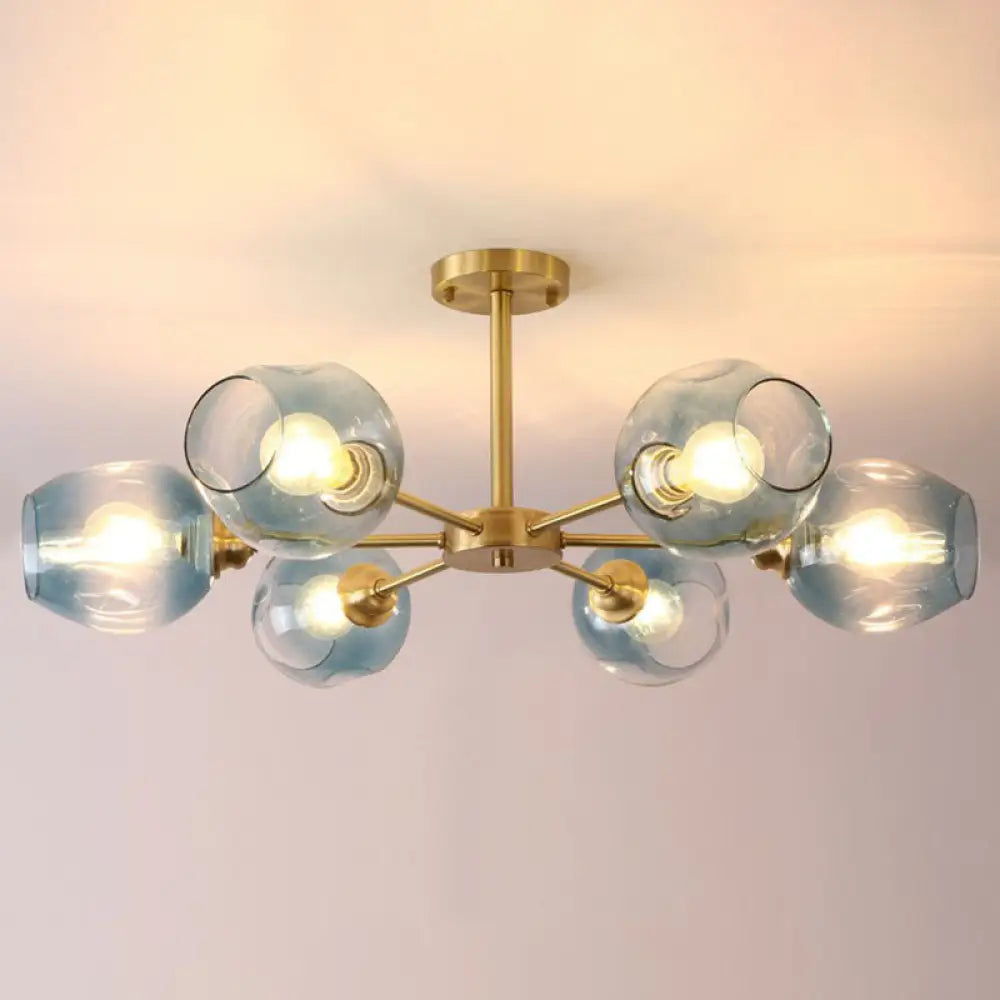 Sputnik Ceiling Mount Chandelier: Postmodern Cup Glass Parlor Flush Light In Brass 6 / Blue