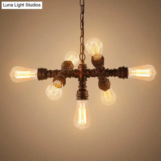 Steampunk Iron Piping Bistro Chandelier - Sputnik Design With 7 Bulbs Antique Bronze Ceiling Hang