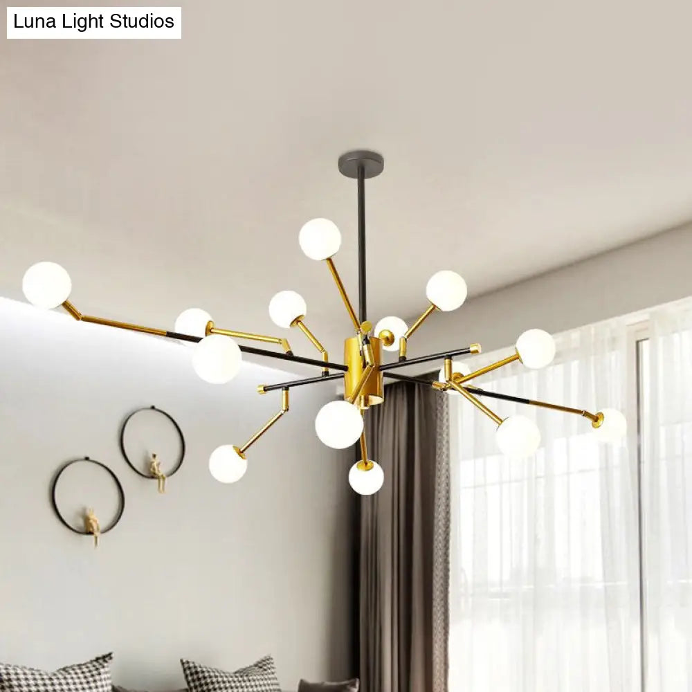 Contemporary Sputnik Metal Chandelier: Gold Brass Pendant Lamp With Molecular Milk Glass Shade