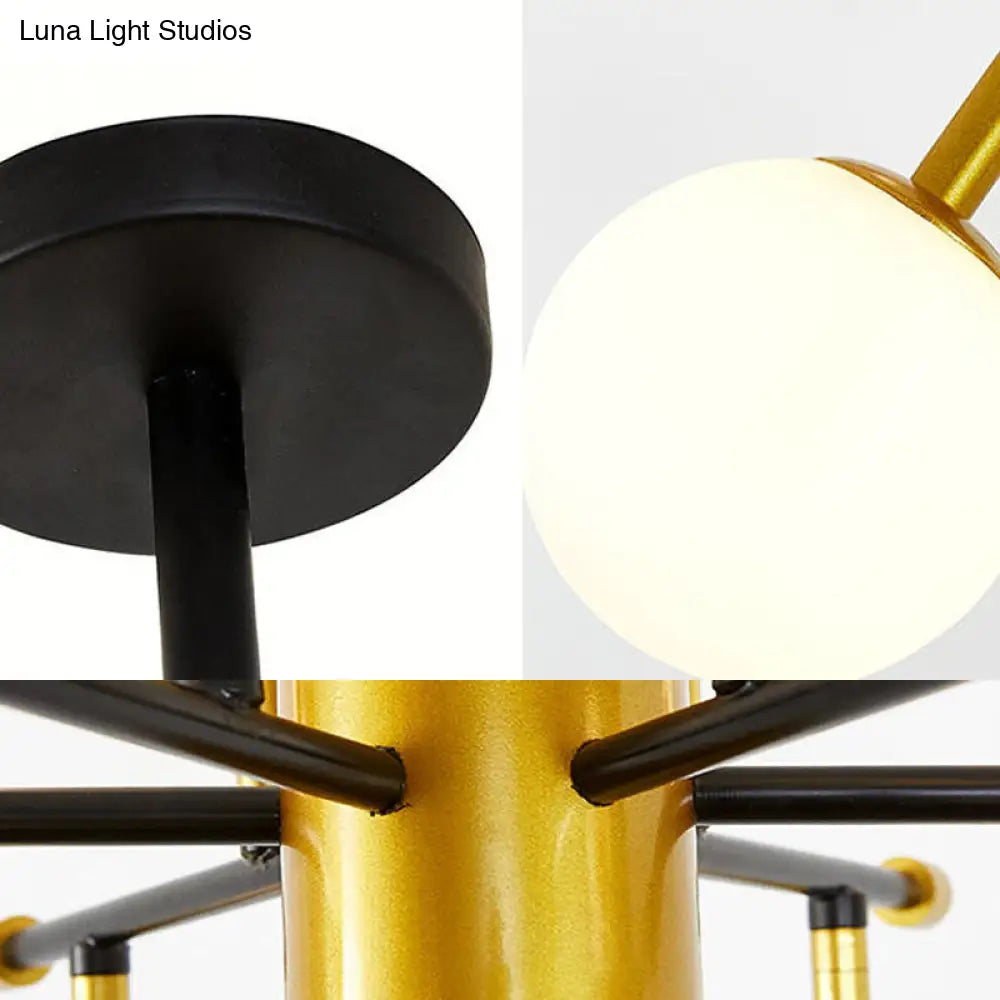 Contemporary Sputnik Metal Chandelier: Gold Brass Pendant Lamp With Molecular Milk Glass Shade