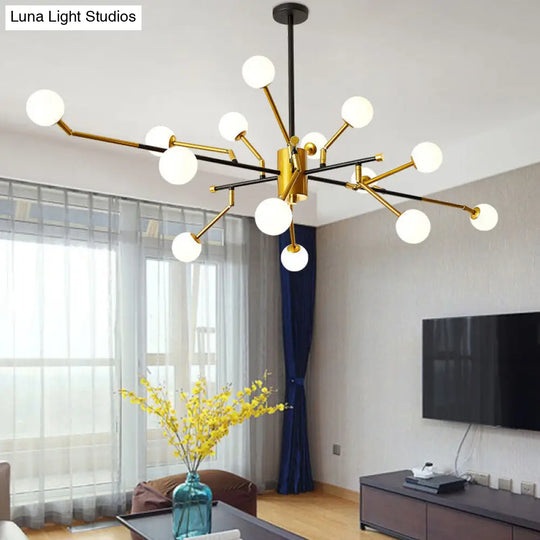 Contemporary Sputnik Metal Chandelier: Gold Brass Pendant Lamp With Molecular Milk Glass Shade