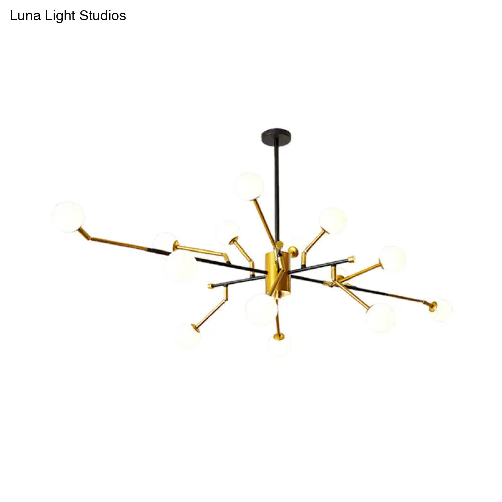 Contemporary Sputnik Metal Chandelier: Gold Brass Pendant Lamp With Molecular Milk Glass Shade