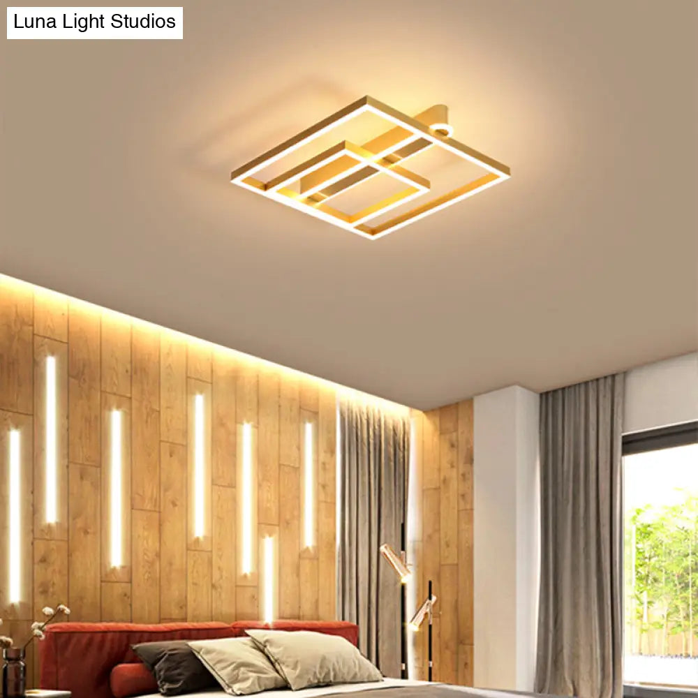 Square Acrylic Led Flushmount Light In Gold/Coffee Finish For Bedroom Ceiling