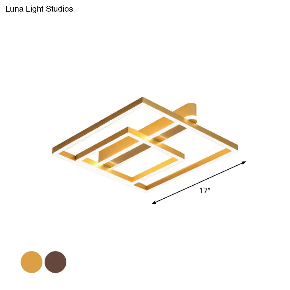 Square Acrylic Led Flushmount Light In Gold/Coffee Finish For Bedroom Ceiling