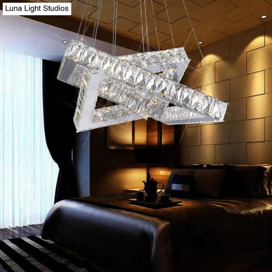 Square Crystal Hanging Chandelier - Modern Chrome Led Drop Light For Bedroom (16/19.5)