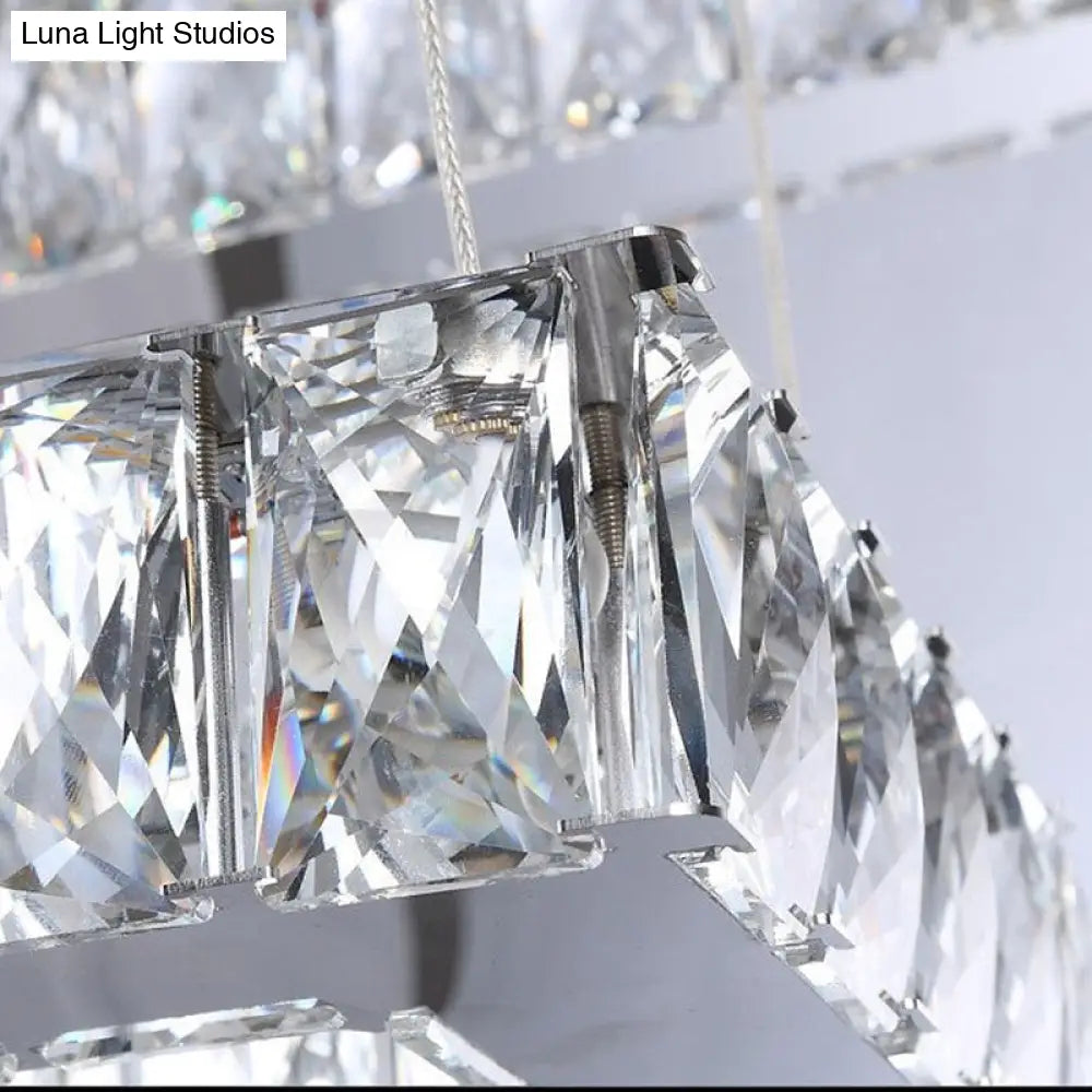 Square Crystal Hanging Chandelier - Modern Chrome Led Drop Light For Bedroom (16/19.5)