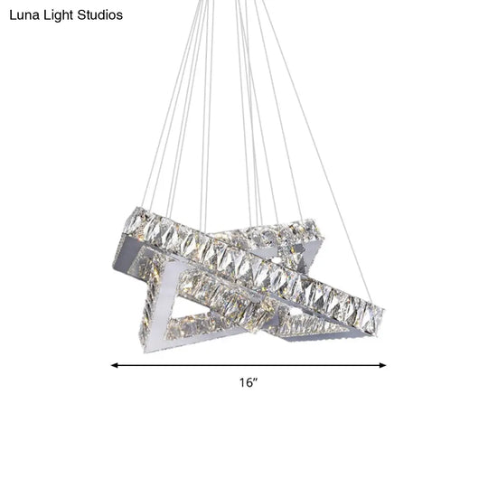 Square Crystal Hanging Chandelier - Modern Chrome Led Drop Light For Bedroom (16/19.5)