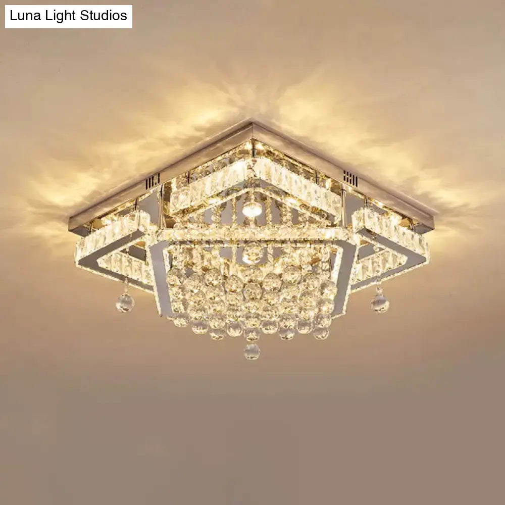 Square Crystal Led Ceiling Flush Mount Light Warm/White 18’/23.5’ Width