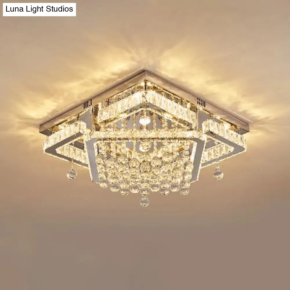 Square Crystal Led Ceiling Flush Mount Light Warm/White 18/23.5 Width