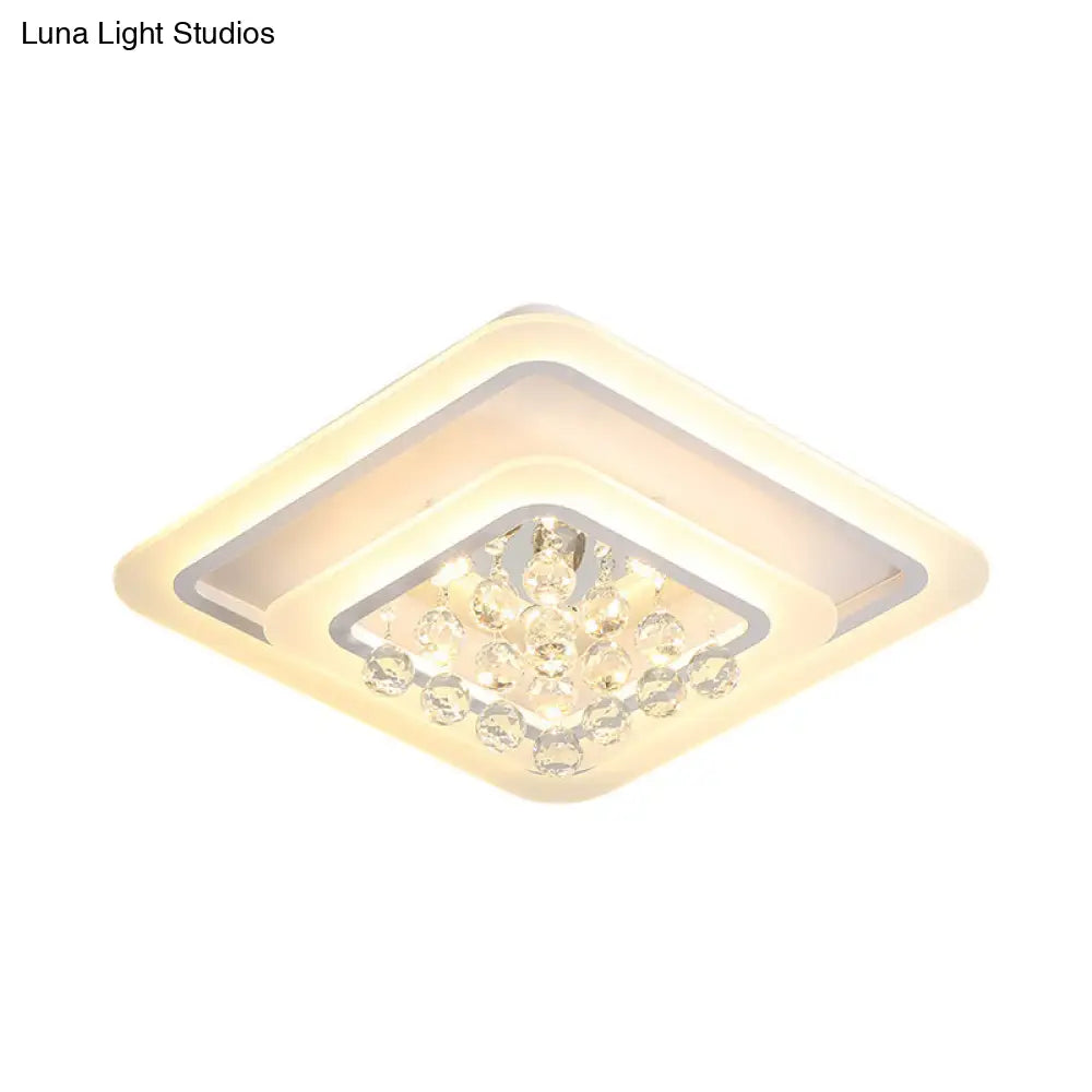 Square Crystal Led Flush Ceiling Light - 19.5’/23.5’/27.5’ Sizes Modern White Design