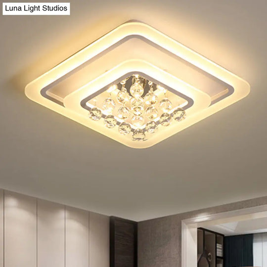 Square Crystal Led Flush Ceiling Light - 19.5’/23.5’/27.5’ Sizes Modern White Design