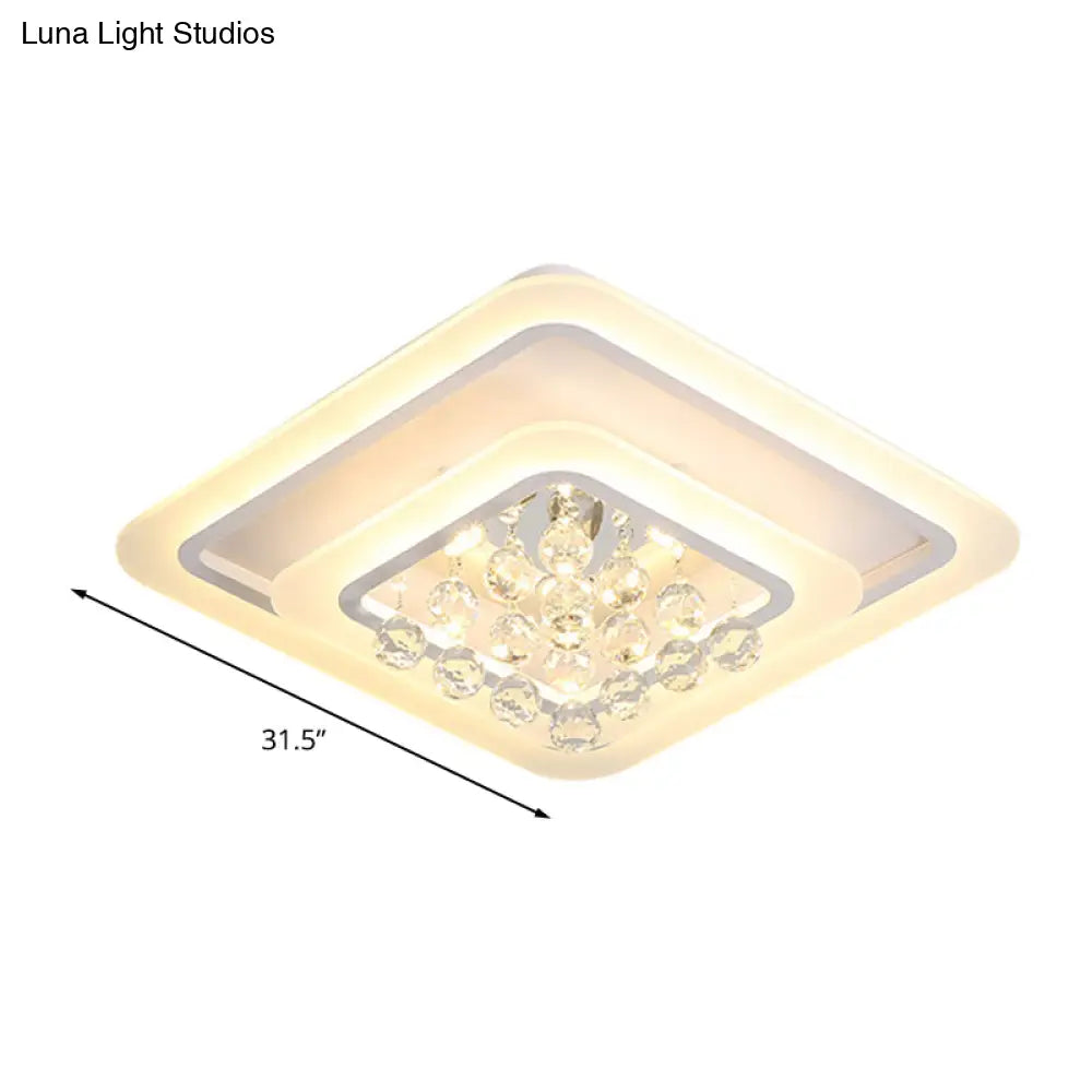 Square Crystal Led Flush Ceiling Light - 19.5’/23.5’/27.5’ Sizes Modern White Design