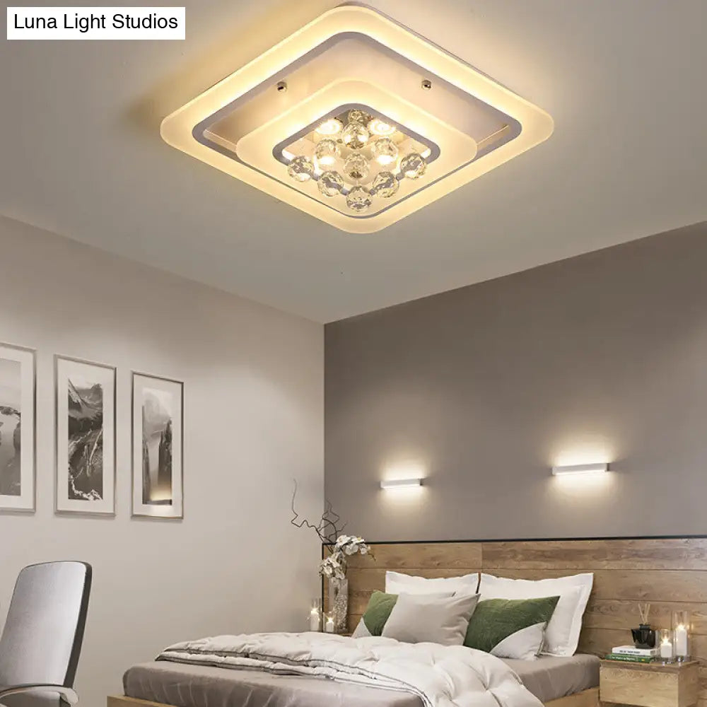 Square Crystal Led Flush Ceiling Light - 19.5’/23.5’/27.5’ Sizes Modern White Design