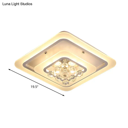 Square Crystal Led Flush Ceiling Light - 19.5/23.5/27.5 Sizes Modern White Design Warm/White