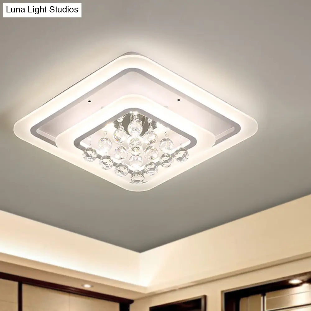 Square Crystal Led Flush Ceiling Light - 19.5’/23.5’/27.5’ Sizes Modern White Design