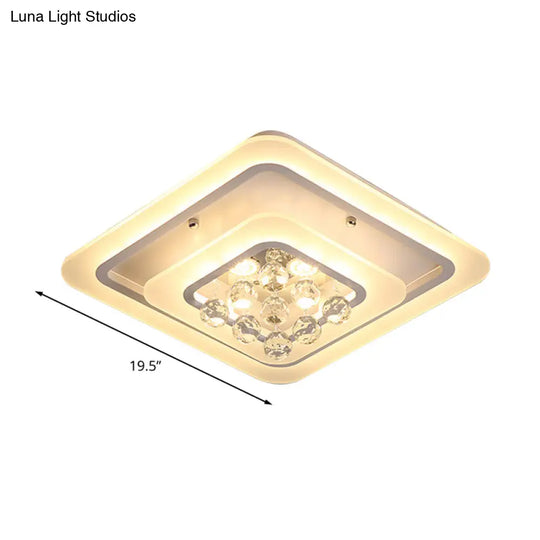 Square Crystal Led Flush Ceiling Light - 19.5’/23.5’/27.5’ Sizes Modern White Design