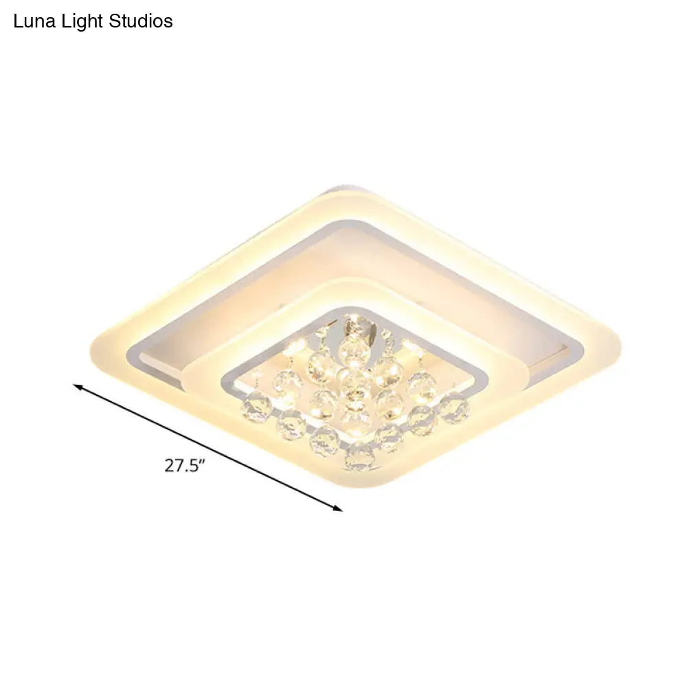 Square Crystal Led Flush Ceiling Light - 19.5’/23.5’/27.5’ Sizes Modern White Design