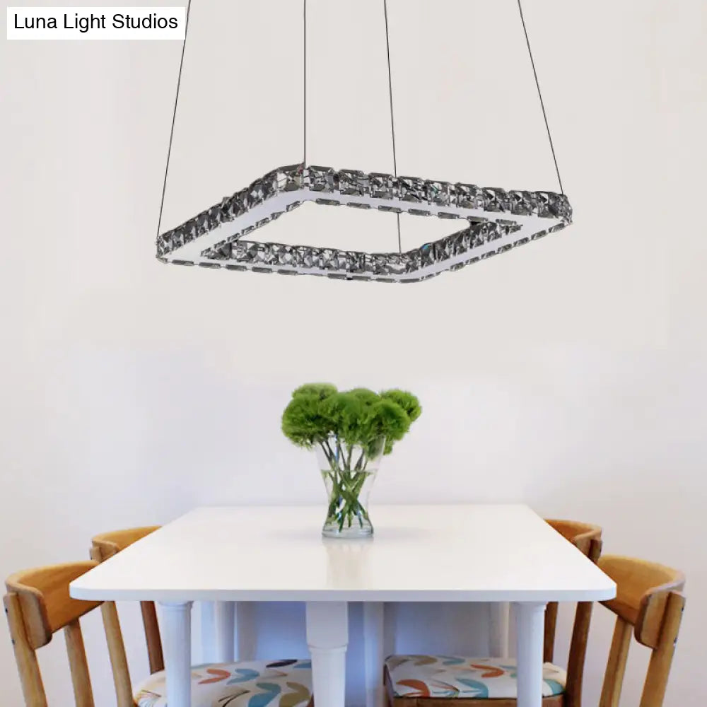 Square Crystal Pendant Light: Modern Chrome Led Chandelier Lamp For Dining Room Warm/White/Natural