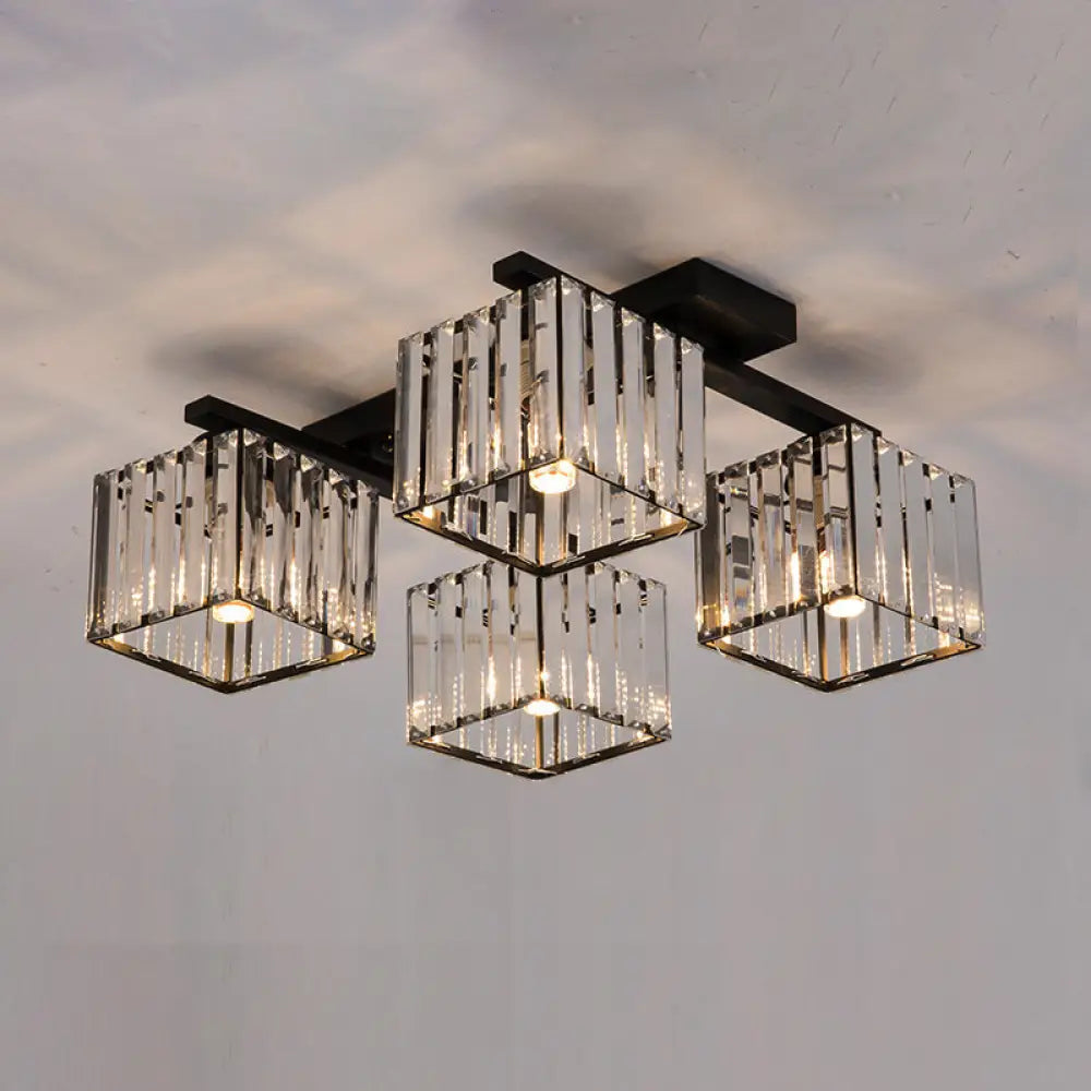 Square Crystal Rod Ceiling Light Fixture - Modern Semi Flush Mount With Tri - Sided Design (4/6/9