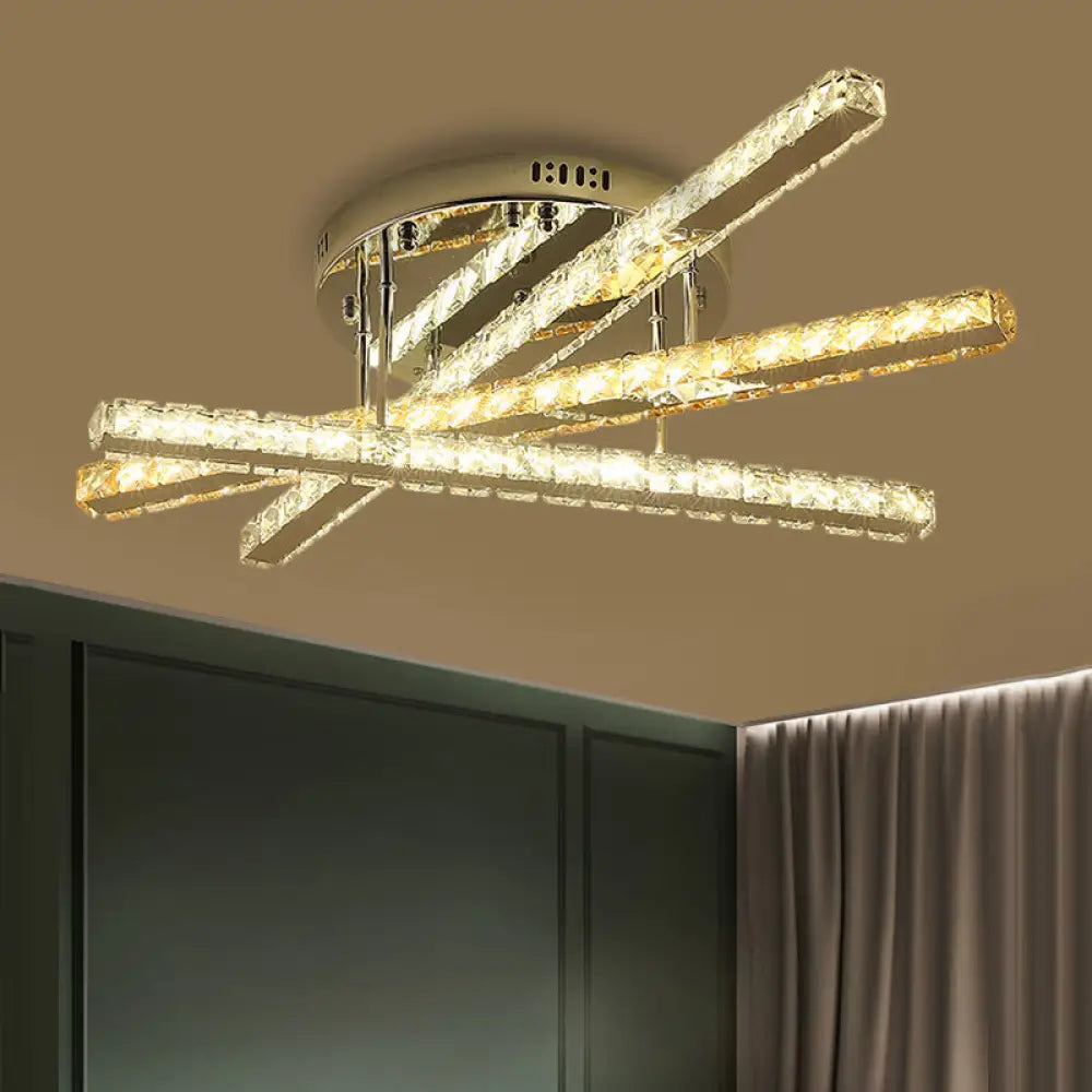 Square-Cut Crystals Led Flush Light Fixture - Modern Stainless-Steel Design For Bedchamber