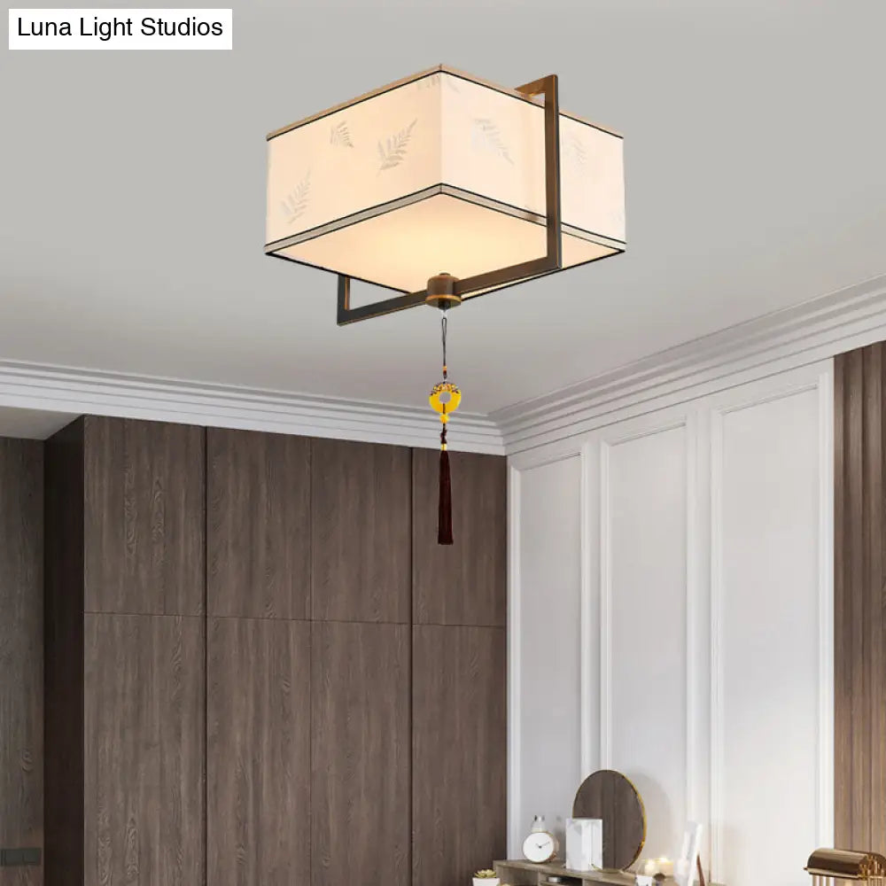 Square Flush Ceiling Light With 5 Fabric Lights – Traditional White Fixture For Bedroom