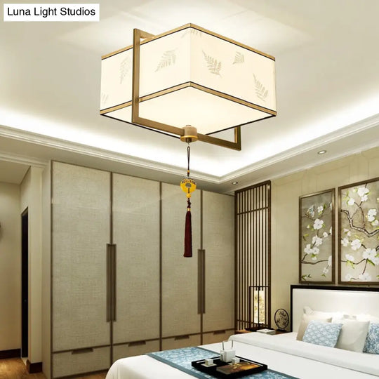Square Flush Ceiling Light With 5 Fabric Lights Traditional White Fixture For Bedroom