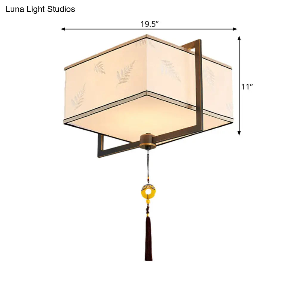 Square Flush Ceiling Light With 5 Fabric Lights Traditional White Fixture For Bedroom