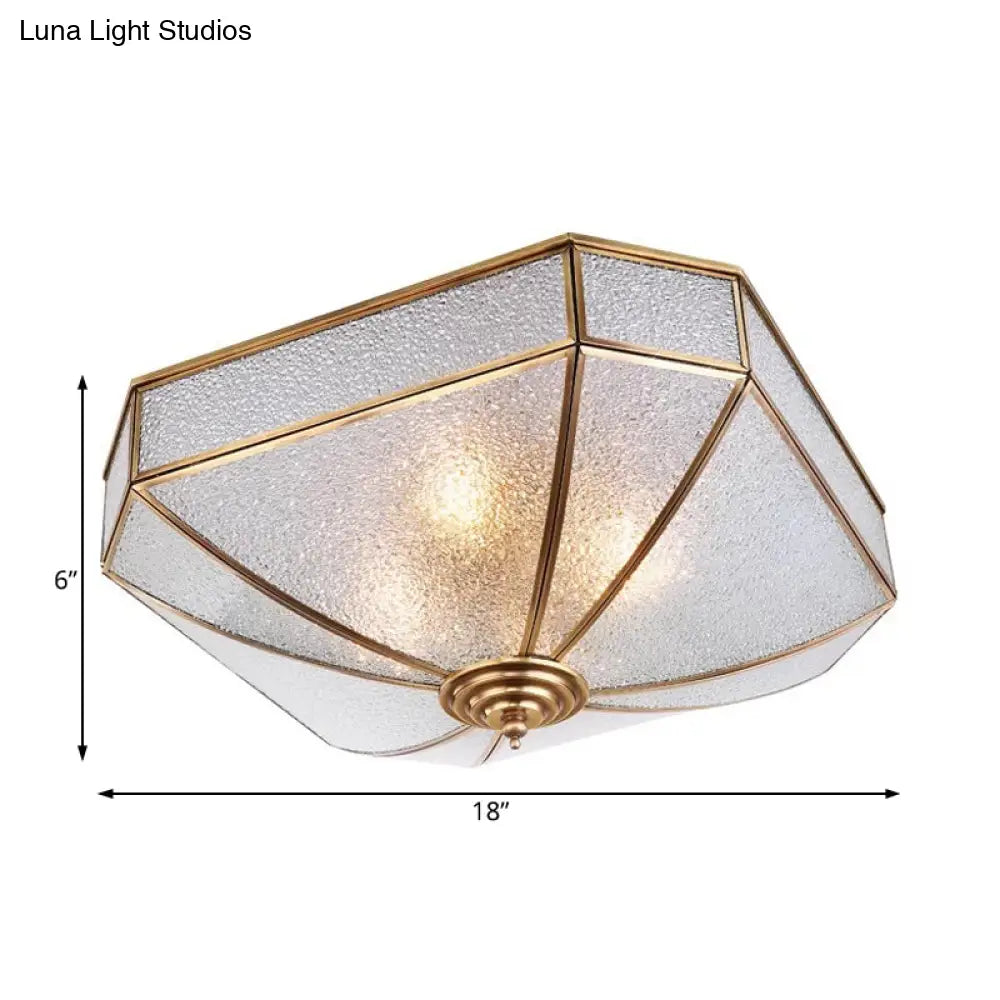 Square Flush Mount Traditionary Water Glass Ceiling Light Fixture - Brass Finish Ideal For Bedrooms
