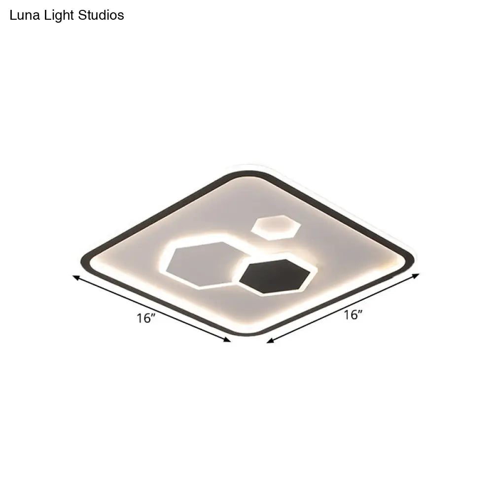 Square Flush Mount With Hexagon Pattern Modern Metallic Led Lamp (Black/White/Warm Light)