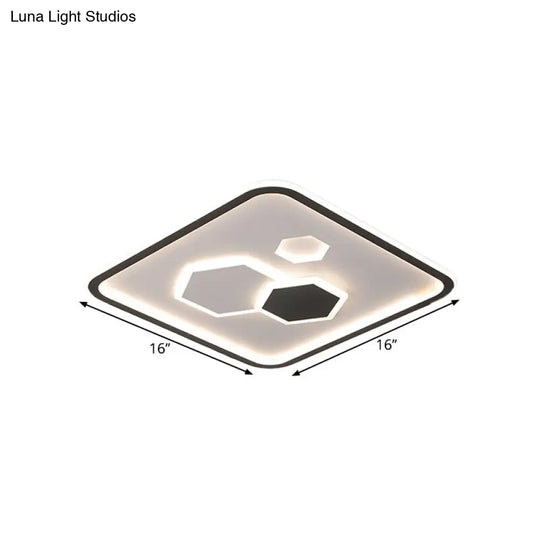 Square Flush Mount With Hexagon Pattern Modern Metallic Led Lamp (Black/White/Warm Light)