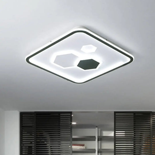 Square Flush Mount With Hexagon Pattern Modern Metallic Led Lamp (Black/White/Warm Light) Black /