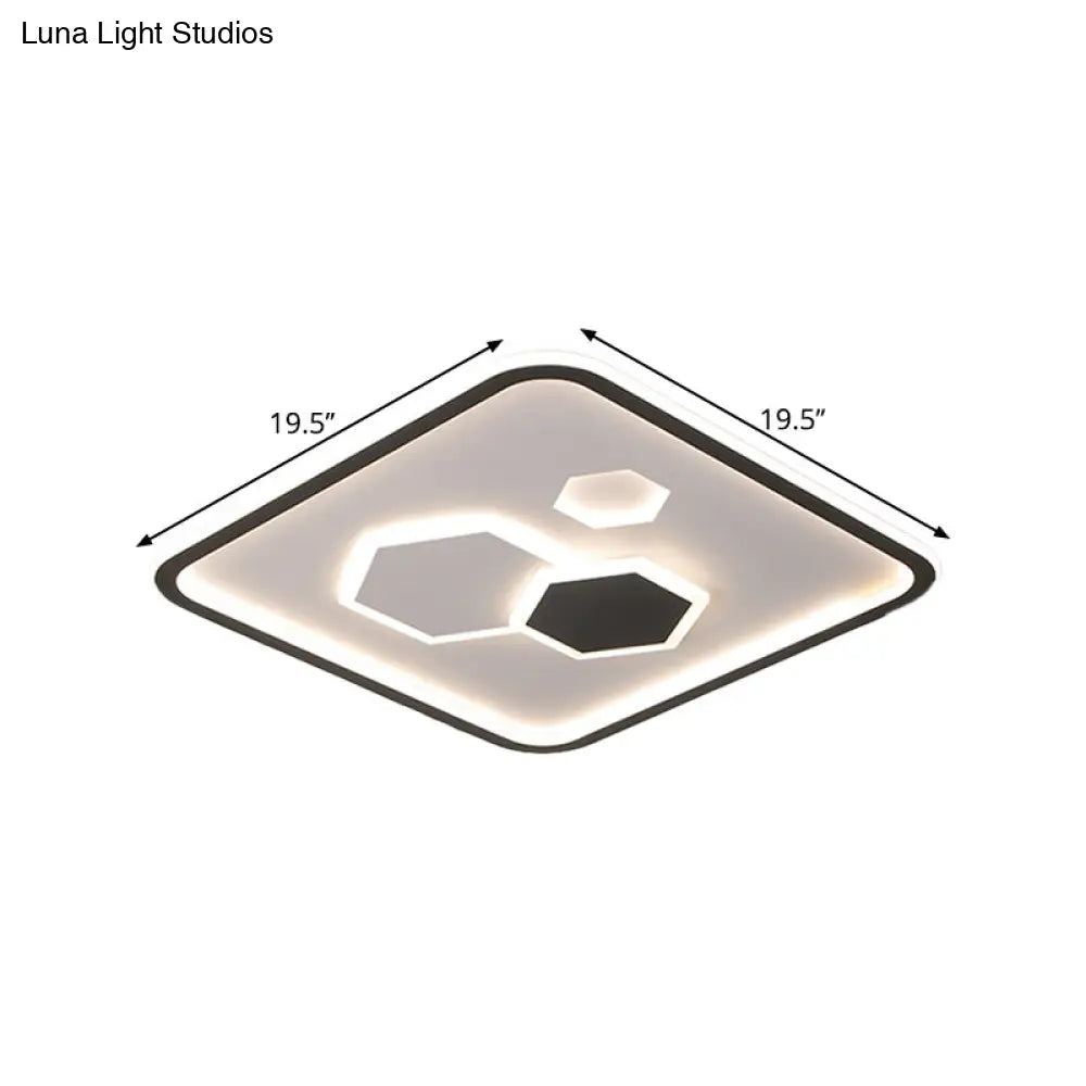Square Flush Mount With Hexagon Pattern Modern Metallic Led Lamp (Black/White/Warm Light)