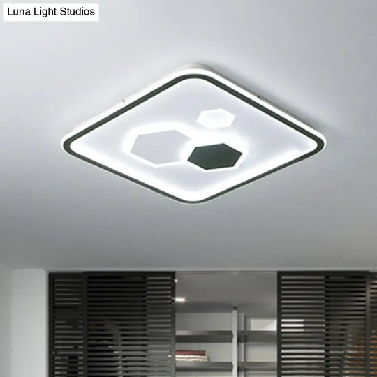 Square Flush Mount With Hexagon Pattern Modern Metallic Led Lamp (Black/White/Warm Light) Black / 16