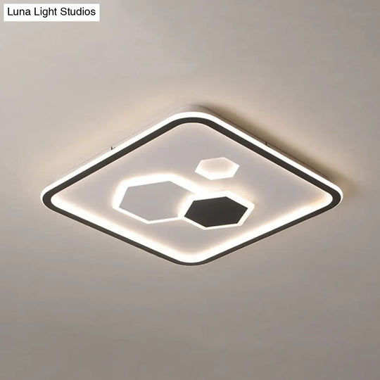 Square Flush Mount With Hexagon Pattern Modern Metallic Led Lamp (Black/White/Warm Light)
