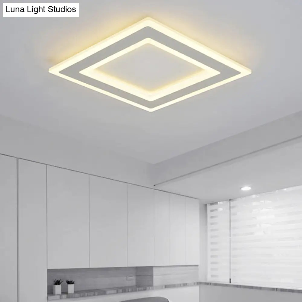 Square Frame Led Ceiling Lamp In Metallic Finish - Minimalist Bedroom Flush Lighting (Warm/White