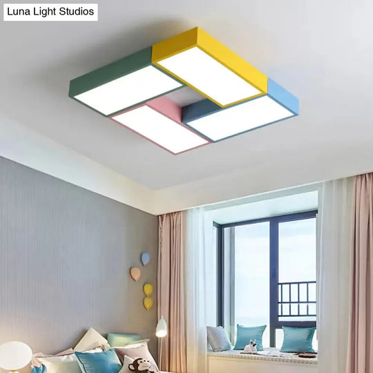Square Game Room Ceiling Mount Light: Acrylic Macaron Loft Led Lamp Blue-Yellow-Green-Pink / White