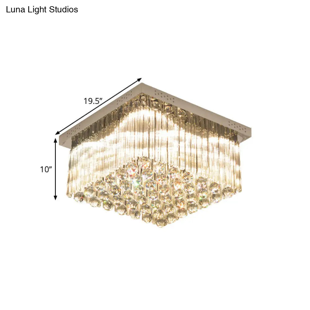 Square Led Close To Ceiling Lamp - Simplicity Crystal Rod And Ball Chrome Warm/White Light