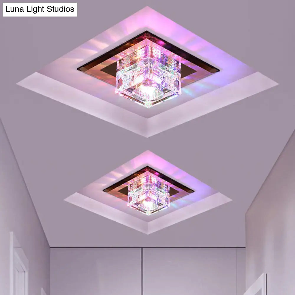 Square Led Crystal Ceiling Light - Modern Flushmount For Hallways Tan / Rgb And White Color