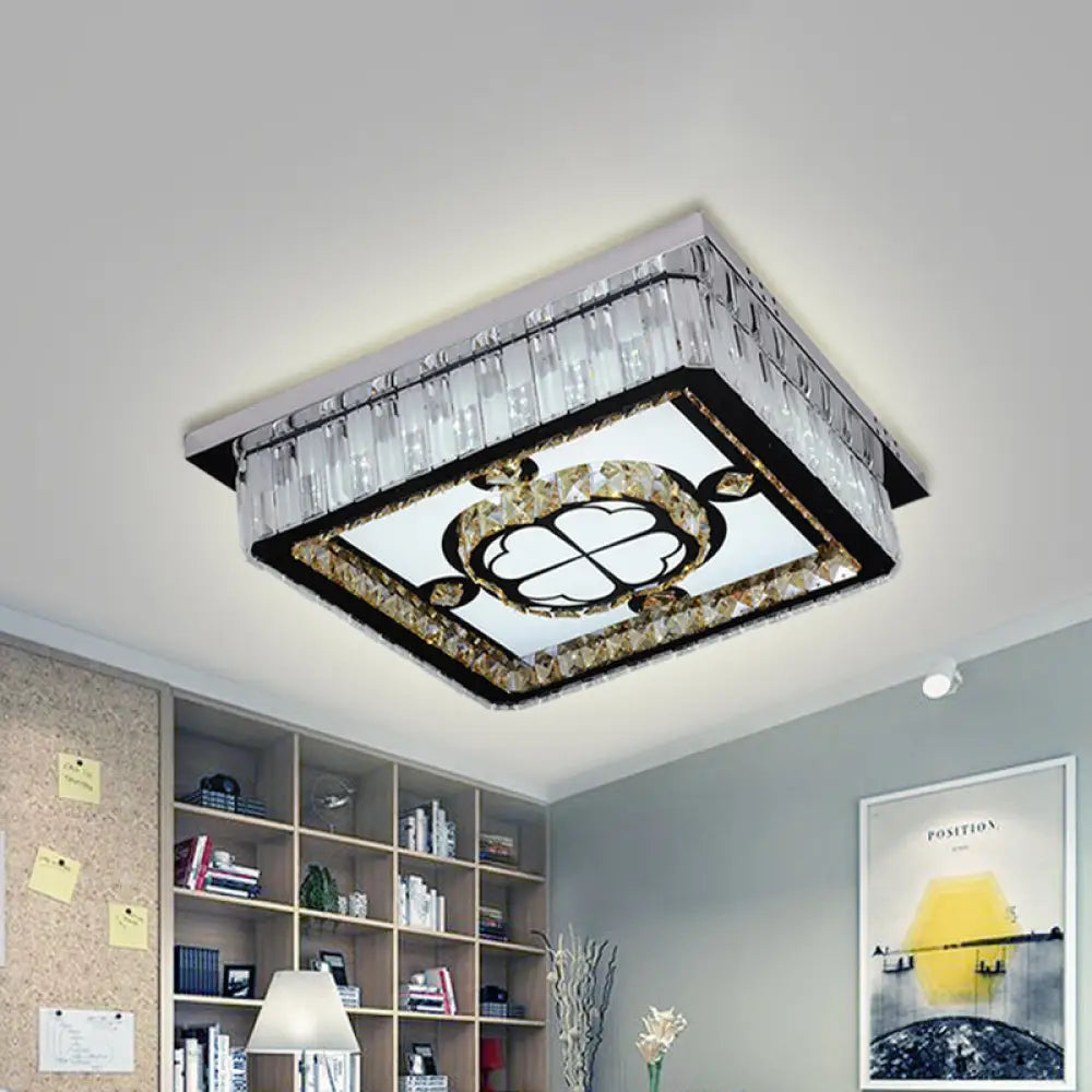 Square Led Crystal Ceiling Mounted Light In Chrome With Clover Pattern - Modern Simplicity Design