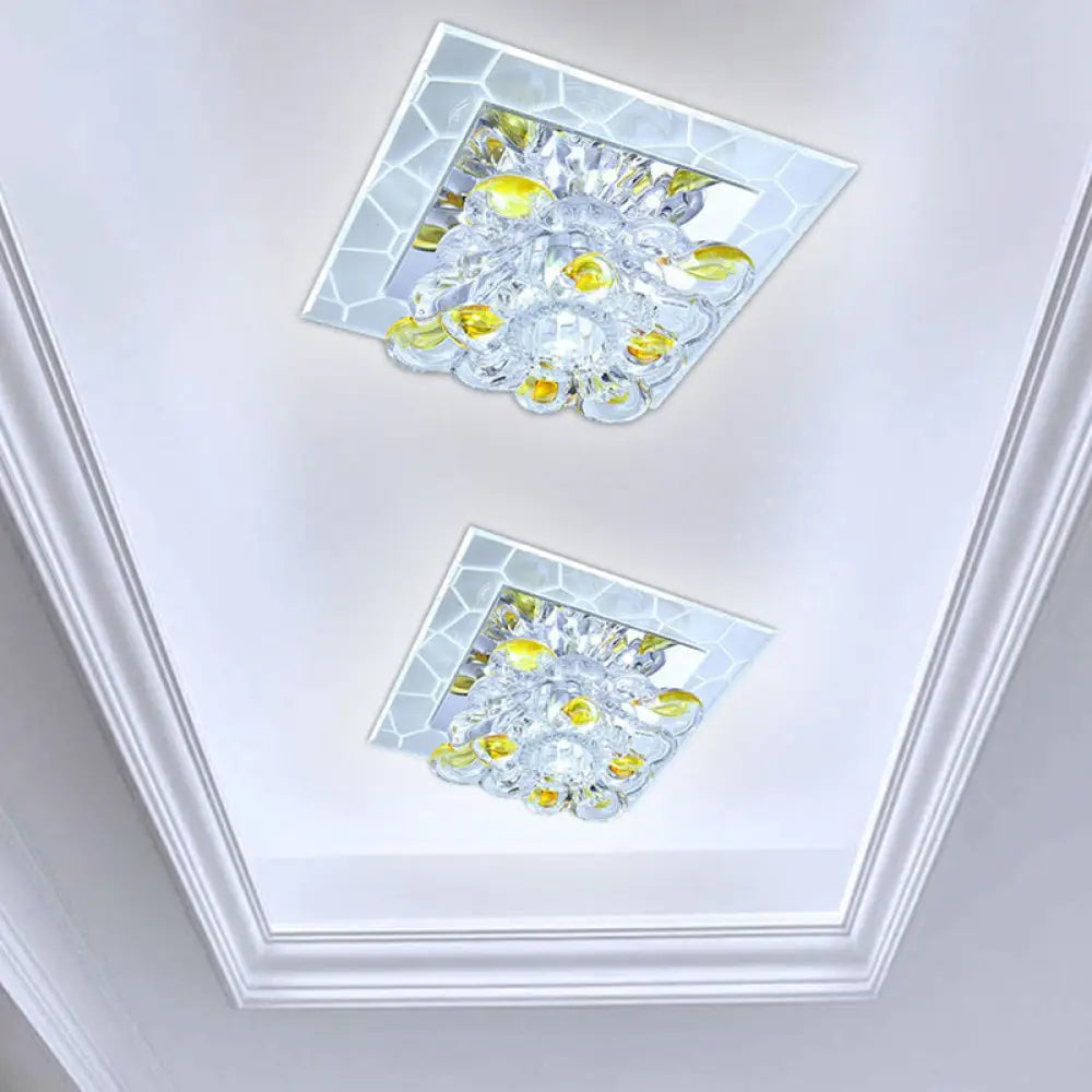 Square Led Crystal Flushmount Ceiling Light For Corridor - Modern Clear Design / 3W White