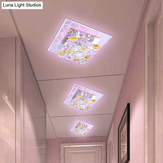 Square Led Crystal Flushmount Ceiling Light For Corridor - Modern Clear Design / 3W Purple