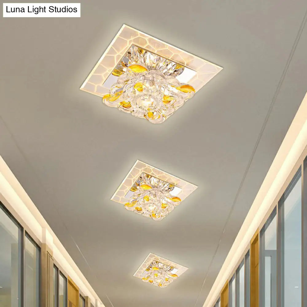 Square Led Crystal Flushmount Ceiling Light For Corridor - Modern Clear Design / 3W Yellow