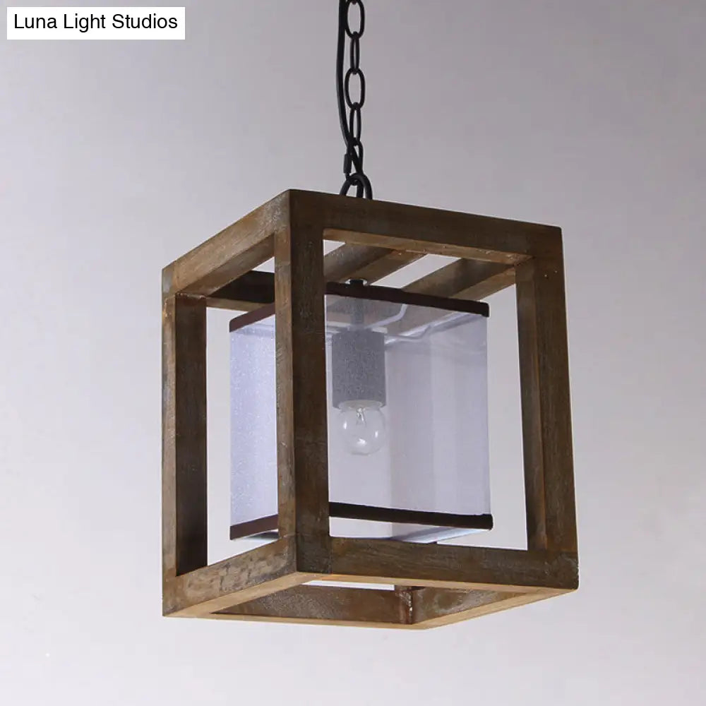 Square Living Room Hanging Light Kit - Traditional Wood Brown Pendant Lighting With Fabric Shade