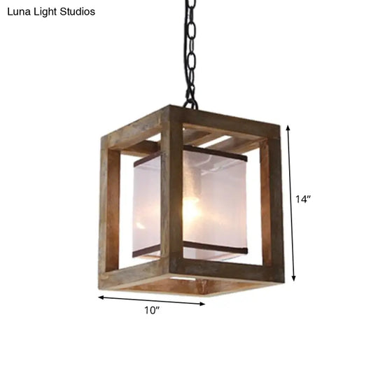 Square Living Room Hanging Light Kit - Traditional Wood Brown Pendant Lighting With Fabric Shade