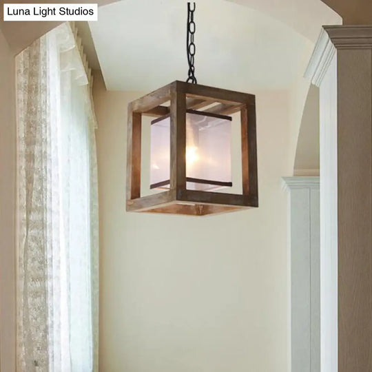 Square Living Room Hanging Light Kit - Traditional Wood Brown Pendant Lighting With Fabric Shade