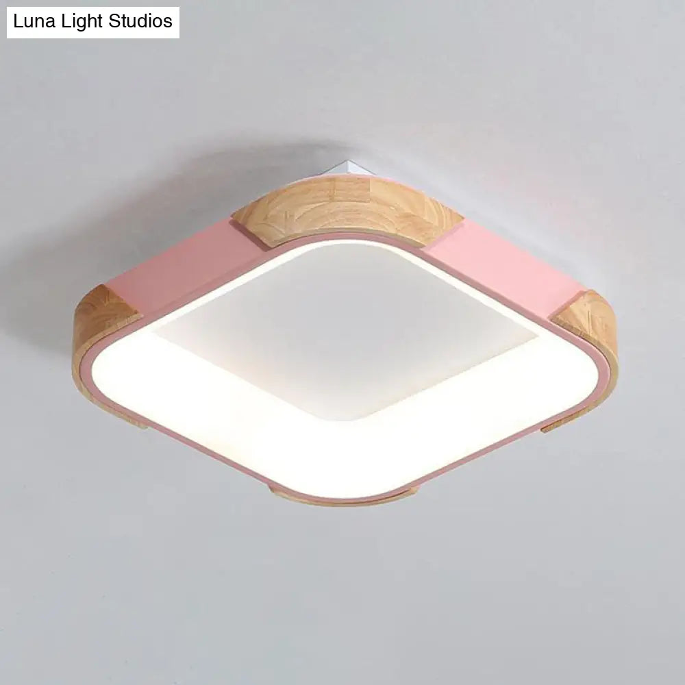 Square Macaron Flush Light Grey/White/Pink Wood Led Ceiling Fixture Warm/White 14/18/24 Wide