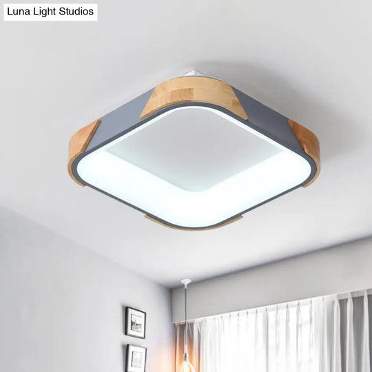 Square Macaron Flush Light Grey/White/Pink Wood Led Ceiling Fixture Warm/White 14/18/24 Wide