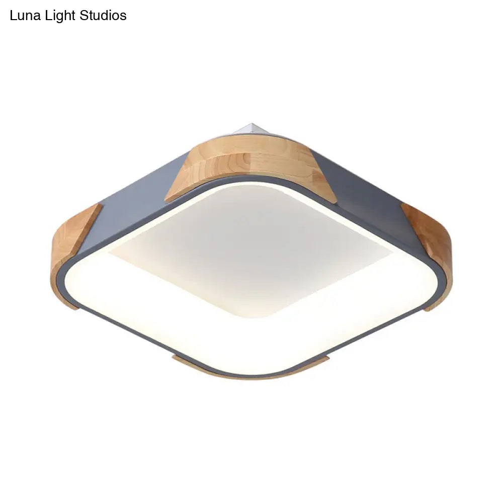 Square Macaron Flush Light Grey/White/Pink Wood Led Ceiling Fixture Warm/White 14/18/24 Wide Grey /