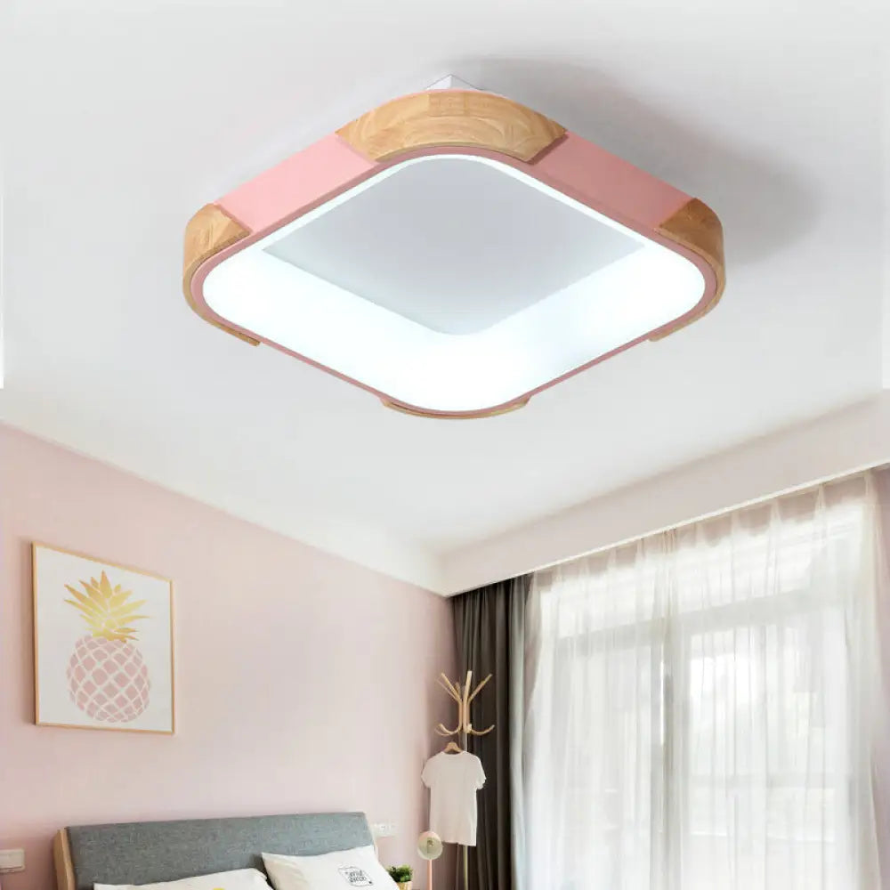 Square Macaron Flush Light Grey/White/Pink Wood Led Ceiling Fixture Warm/White 14’/18’/24’