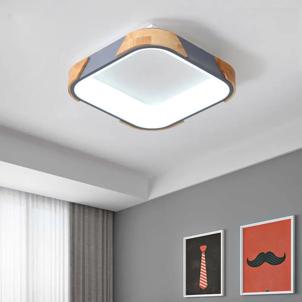 Square Macaron Flush Light Grey/White/Pink Wood Led Ceiling Fixture Warm/White 14’/18’/24’